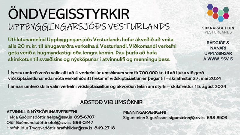 Opnað hefur verið fyrir umsóknir öndvegisstyrkja Uppbyggingarsjóðs Vesturlands